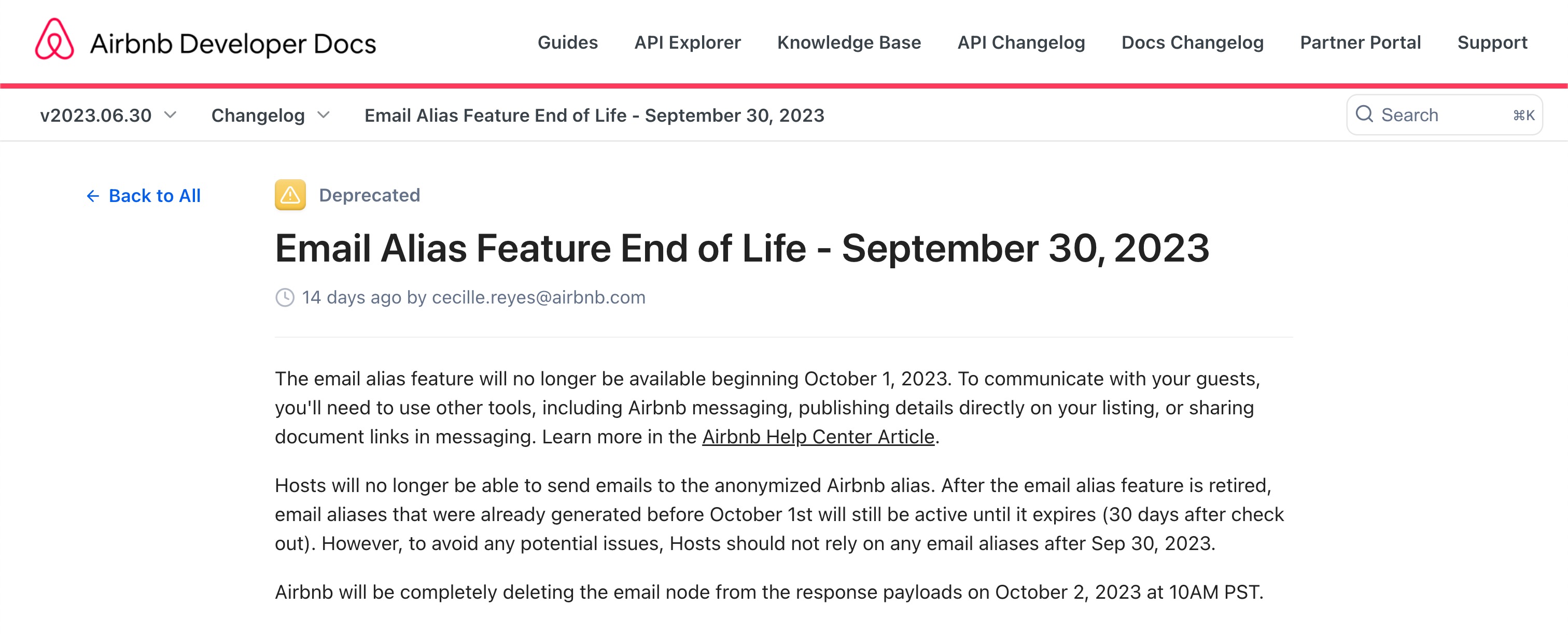 Airbnb email alias deprecation notice